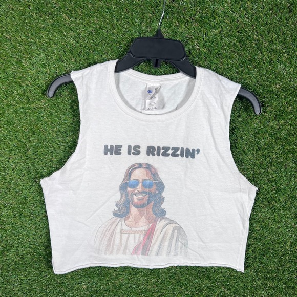 Gildan Tops - Gildan Jesus He is Rizzin Crop Top T Shirt Women's Size Medium White Sleeveless